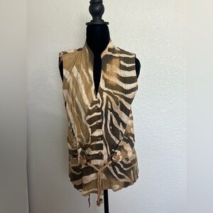 SPANNER Tan Graphic Tie Front Blouse